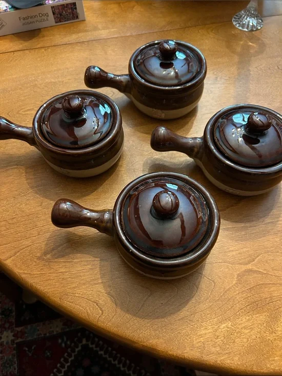 Vintage Brown Glazed Ceramic Pottery Soup Bowls with Handles and Lids - Set of 4