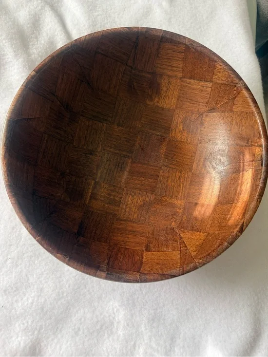 Handcrafted Wooden Serving Bowl - Rich Brown Checkered Pattern