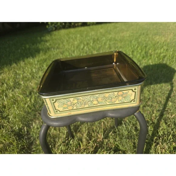 Pyrex Corning Glass 2 Quart Square Brown Casserole & Fruit Tin Holder #222 A-17