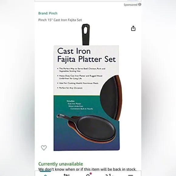 Pinch 15 inch cast iron fajita set new in box