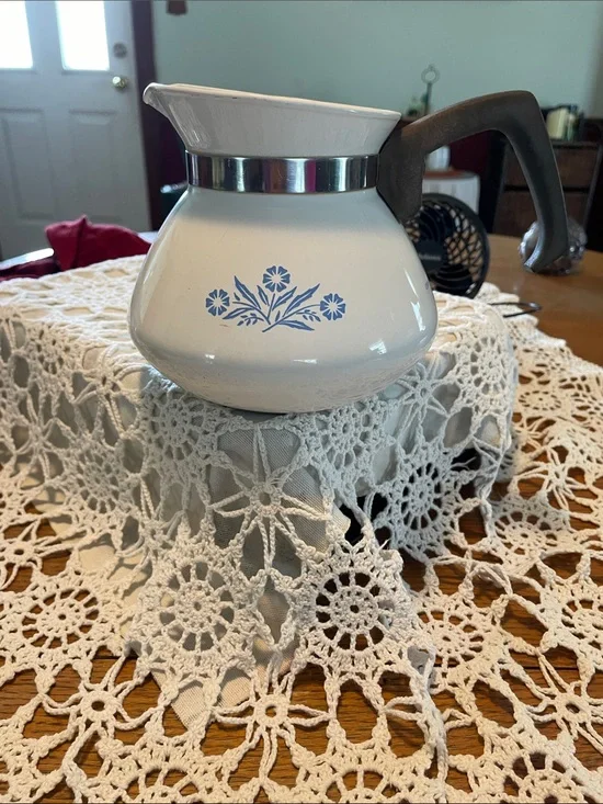 Corningware White Percolator with Blue Floral Design and Black Handle