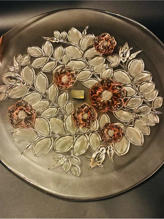 Vintage Mikasa Rosella Walther Pink Glass Platter With Frosted and Pink Flowers