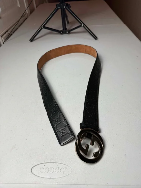 Authentic Gucci Black Guccissima Leather silver Interlocking G Buckle Belt