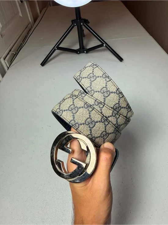 Authentic Gucci Monogram Blue Beige GG Belt Silver Buckle