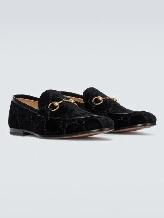 Men’s Gucci Black Velvet Horsebit Loafers with Gold Hardware Size 8 1/2