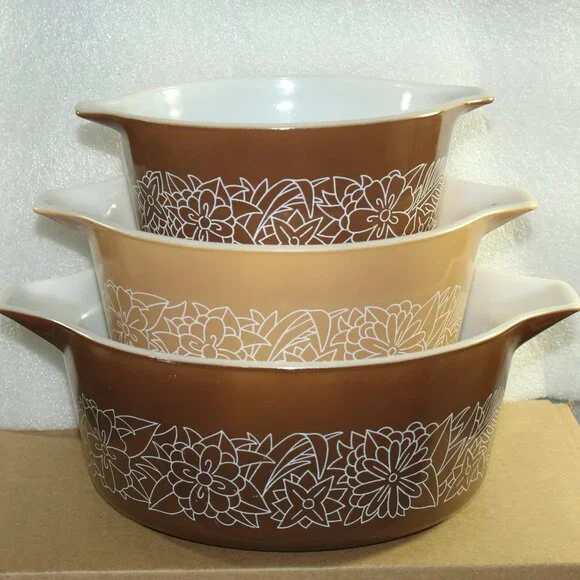Vintage Set Of Three Pyrex Woodland Casserole Dishes No Lids 475-B 474-B 473-B