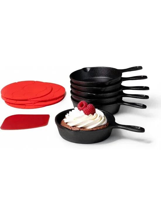 Mini Cast Iron Skillet Set - Pre-Seasoned for Cookies, Eggs & Desserts | 6