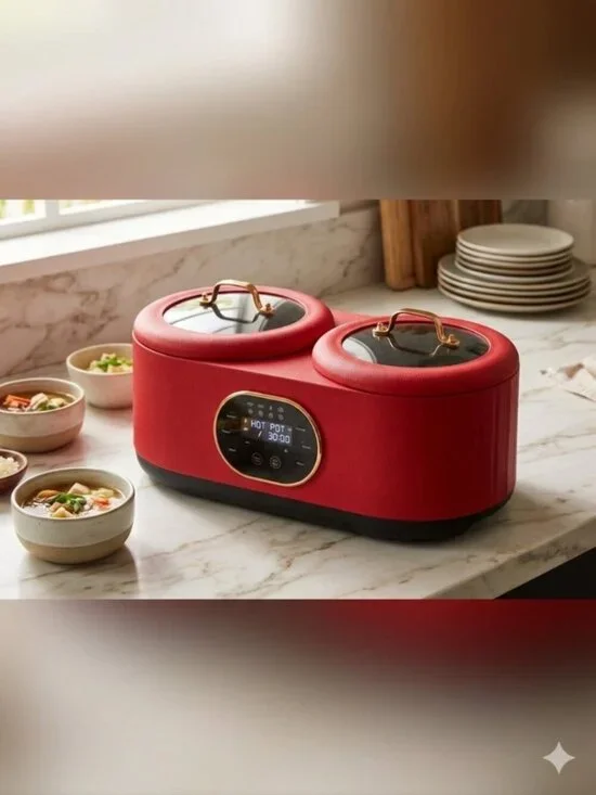 Chef's Counter 1.8L Double Hot Pot Cooker 200W Temp Control Nonstick Red