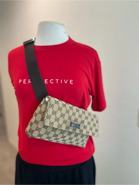 Gucci Beige GG Supreme Belt Bag with Dark Brown Strap/ wth dust bag