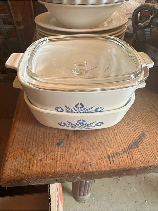 Corningware White Casserole Set with Blue Floral Motif and Glass Lid