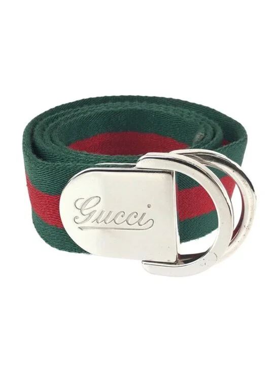 Gucci Sherry Line 85 Green Red Silver Cotton Leather Belt