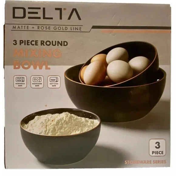Delta Stoneware Mixing Bowl 3 Piece‎ Set Round Matte Black Rose Gold Trim New