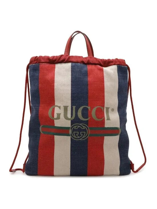 Gucci Print Tricolor Drawstring Backpack Canvas Leather Red Blue