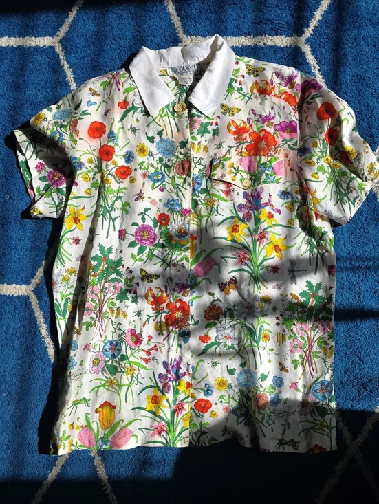 Vintage Gucci Flora Print 100% Linen Button-Up Shirt