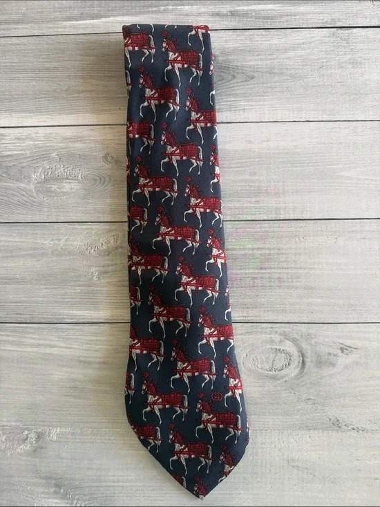Vintage GUCCI Silk Tie Navy Blue Red Equestrian Horse Carriage Interlocking GG