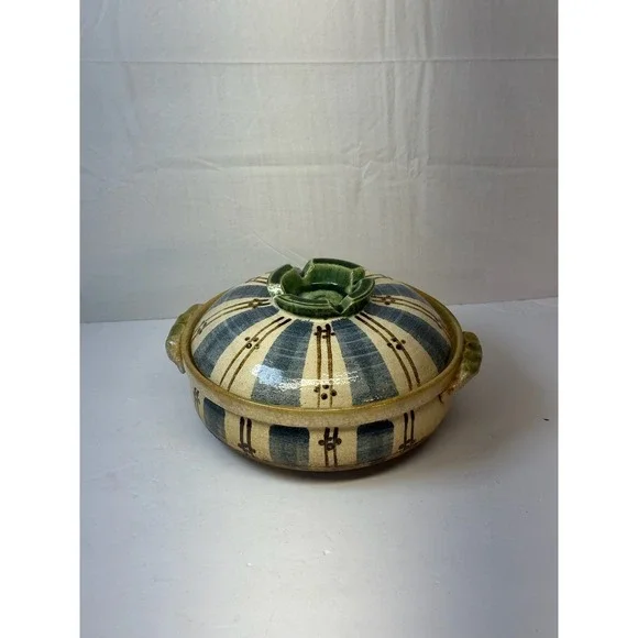 Vintage Japanese Donabe Casserole Pot Blue Striped Earthenware Cookware B-7