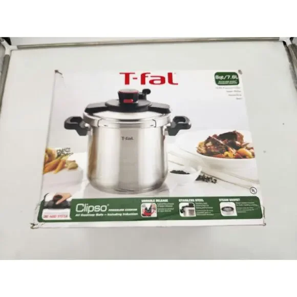 T-Fal Pressure Coooker 8 QT Stainless Steel Clipso One Hand System Steam Basket
