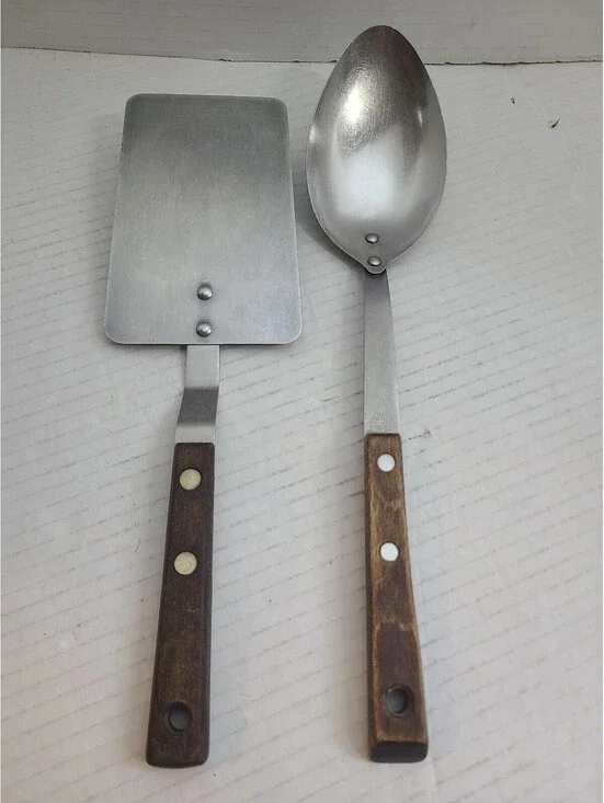 Vintage MCM Household Stainless Steel Spatula & Serving Spoon Wooden Handle Set