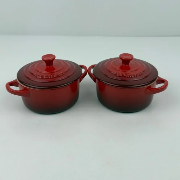 Le Creuset Cerise Red 8 oz Mini Round Cocotte Stoneware Set of 2 New