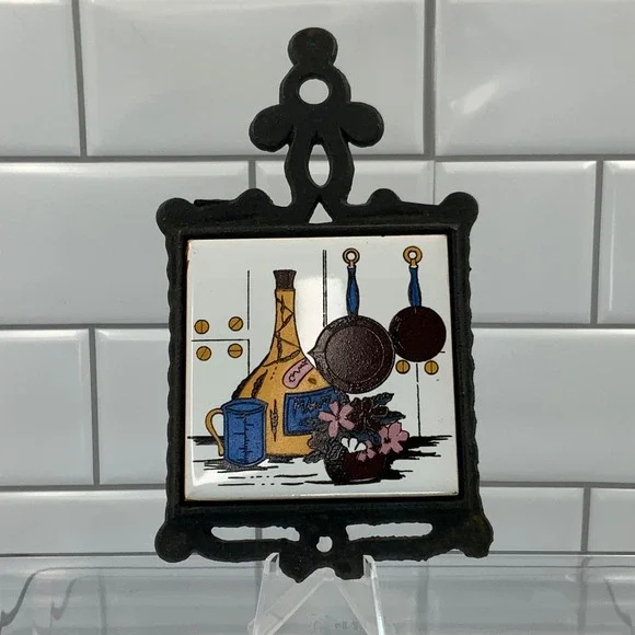 Vintage San-Huan Cast Iron Ceramic Tile Trivet Kitchen Wall Decor Still Life