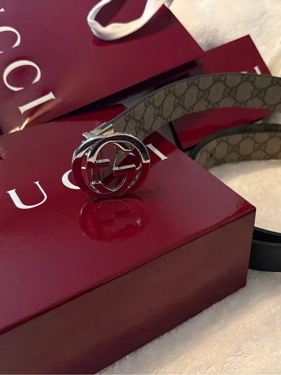 Gucci GG Monogram Belt in Beige with Black Reverse and Silver Buckle