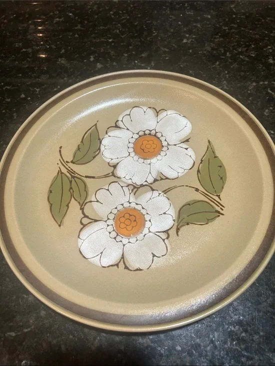 vintage Ceramic Floral Dinner Plate in Beige with White Flowers