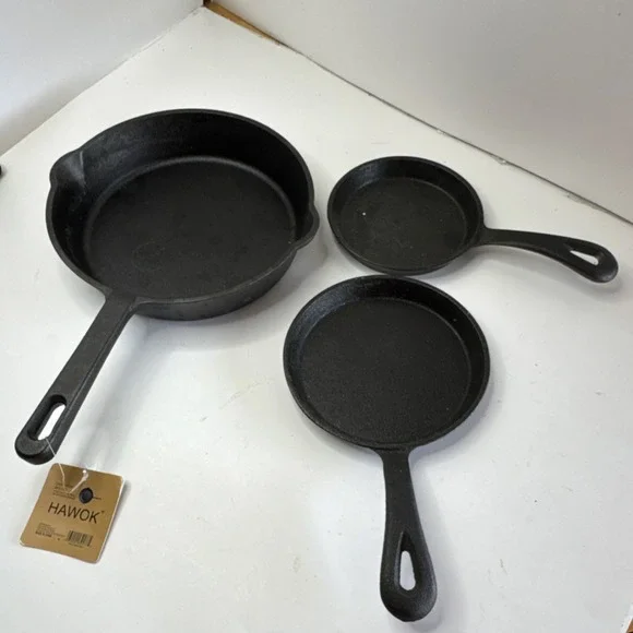 HAWOK Cast Iron 3-Piece small Frying Pan Set Black Uncoated Long Handle