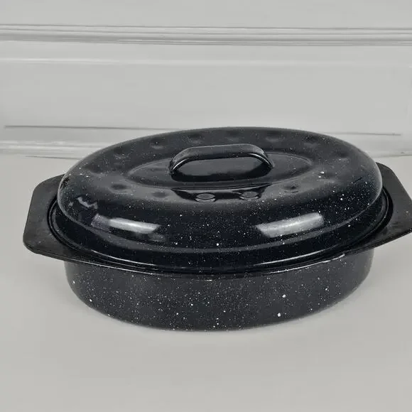 VTG small blue granite ware roaster pan with lid oval EUC