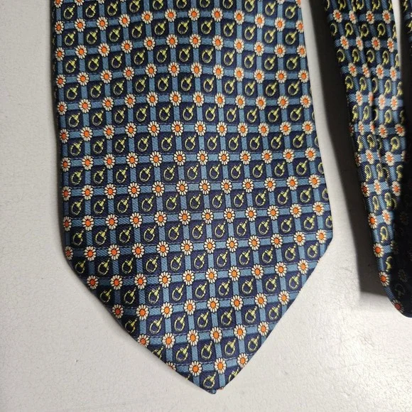 Mens Silk Tie Navy Blue Floral Daisy Equestrian Bit Geometric Hand Made in Italy