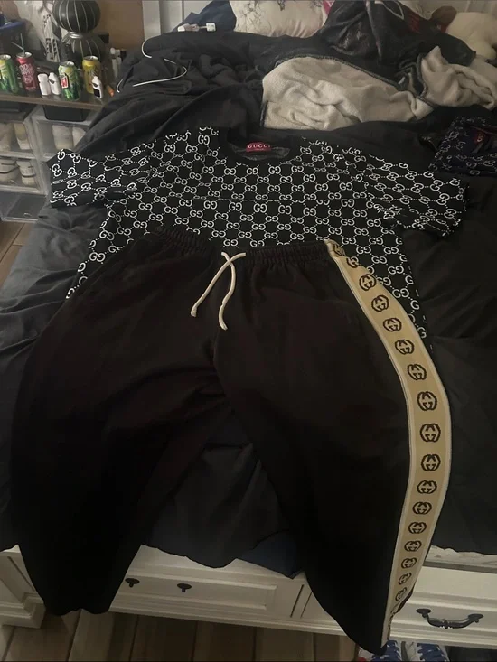 XL Gucci Black Tee and medium Black Sweatpants with Cream Logo Stripe