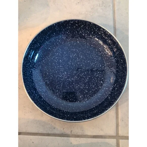 Classic Vintage Enamel Camping Shallow Bowl Blue Speckled