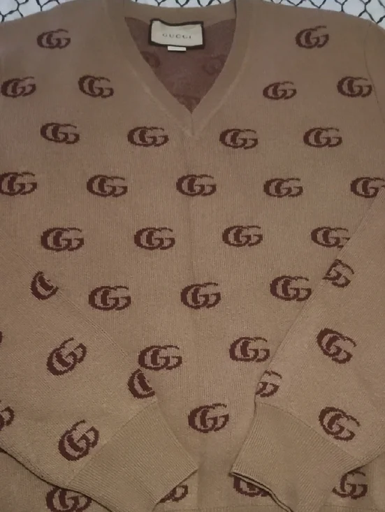 Gucci Beige and Brown V-Neck Sweater with GG Motif