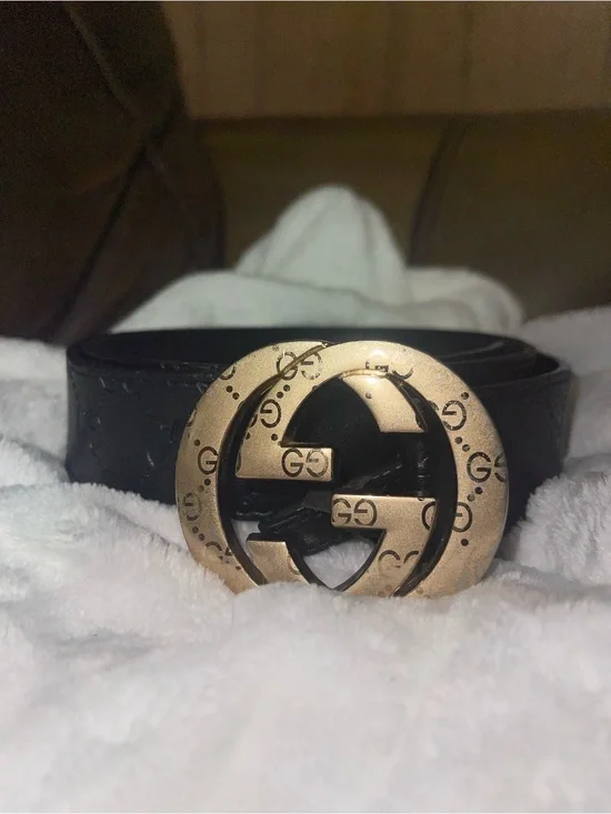 Gucci Black Leather Belt with Aged Gold Interlocking G Buckle