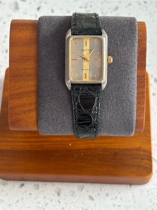 GUCCI Silver-Tone Rectangular Watch with Gold Accents and Black Strap