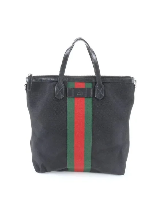 Gucci Sherry Line Leather Canvas Tote Shoulder Business Black