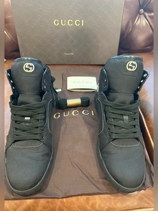 Gucci High Top Sneakers Black GG Logo 309517 Sz 12 Worn Once