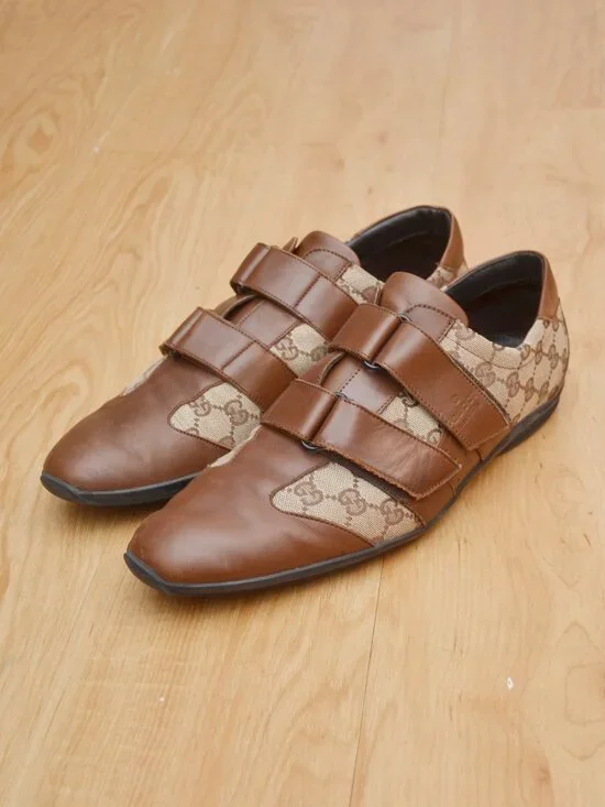 GUCCI GG Double Vel-cro Guccissima Coated GG Canvas & Brown Leather Sneakers 11D
