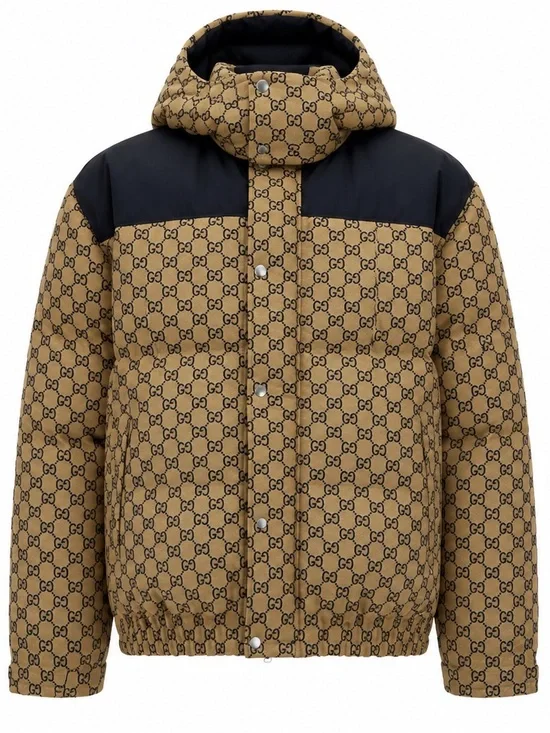 Gucci Brown GG Monogram Hooded Puffer Jacket with Black Yoke