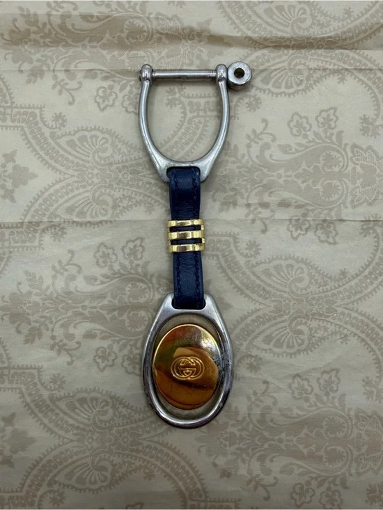 Gucci Blue Leather Key Ring with Gold and Silver Hardware