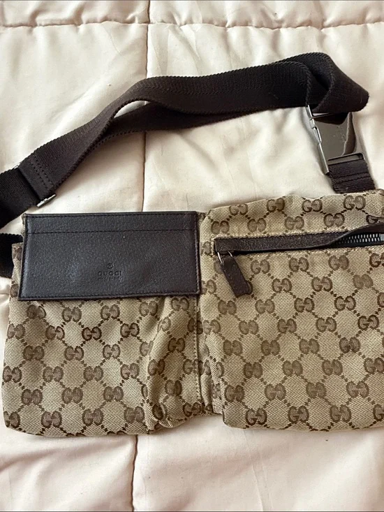 Gucci Beige/Brown GG Canvas Belt Bag with Dark Brown Strap