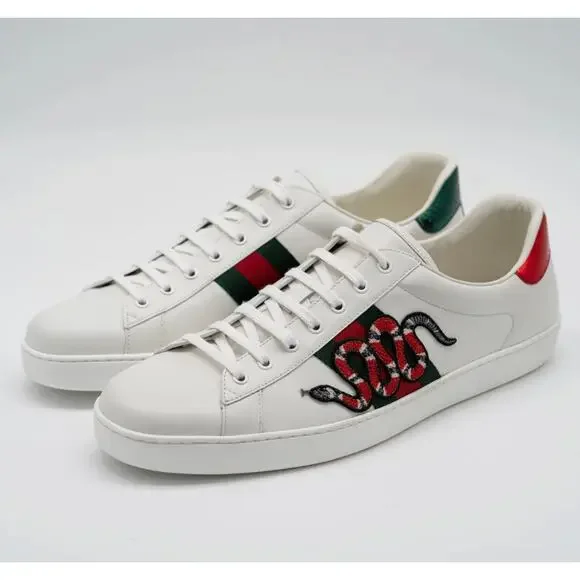 New Authentic Gucci Ace Embroidered Snake Leather Sneakers Men's Size 16.5