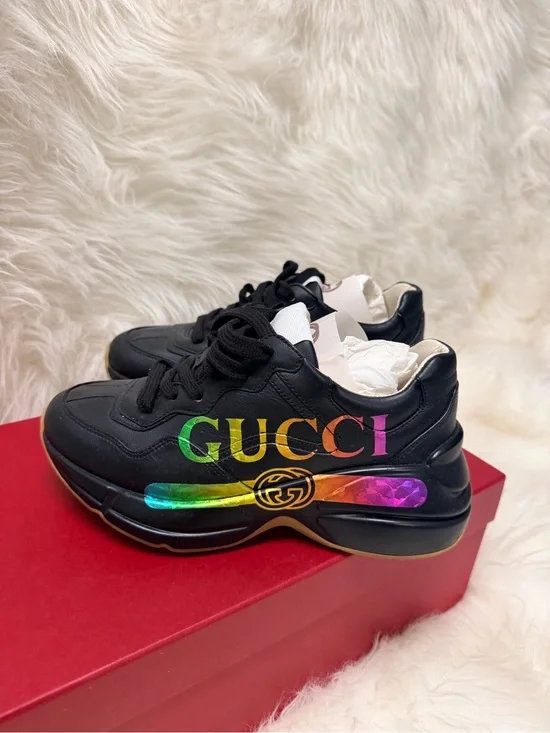 Gucci Black Leather Sneakers with Rainbow Logo