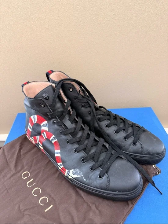 Gucci Black Leather High-Top Sneakers with Red & White Snake Accent