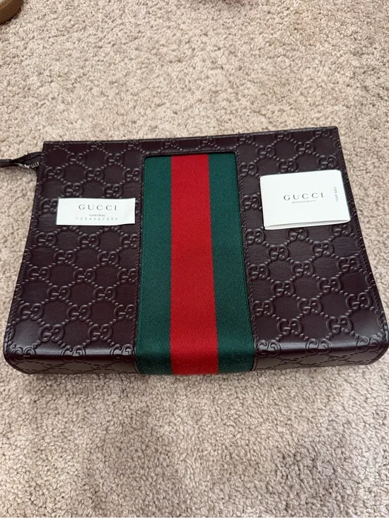 Gucci Dark Brown Embossed Leather Toiletry Pouch with Green & Red Web Stripe