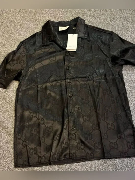Gucci Black Tonal GG Jacquard Short-Sleeve Button-Down Shirt