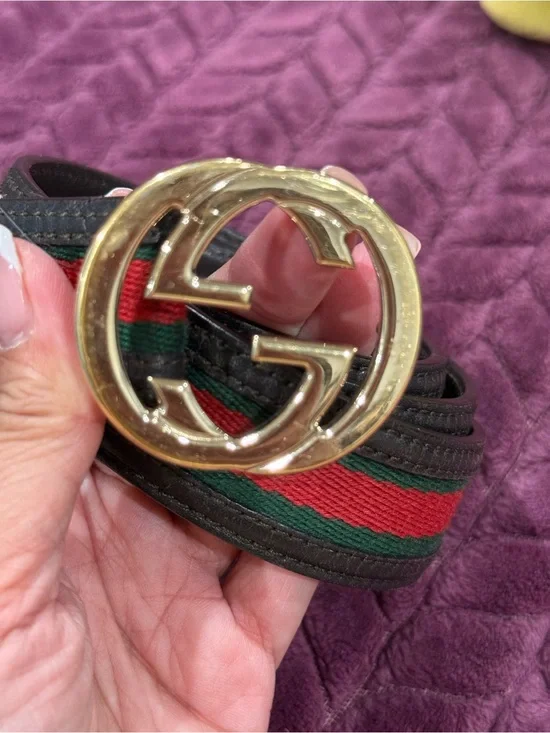 Gucci Green and Red Web Stripe Belt with Gold Double G Buckle
