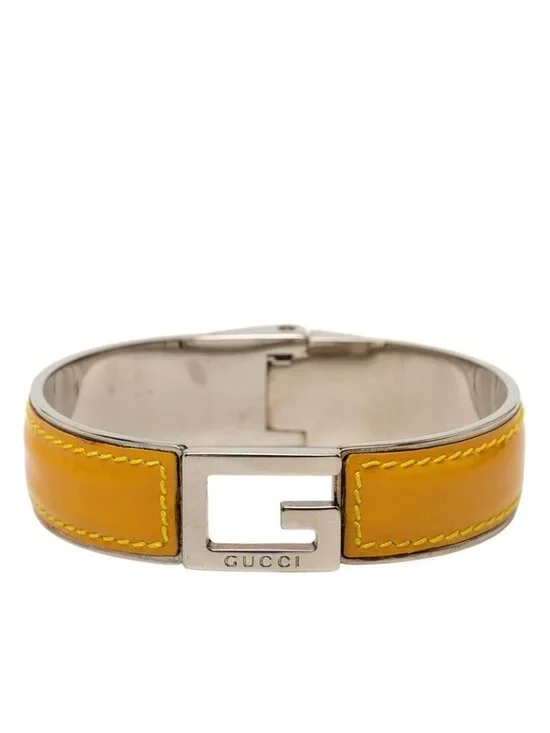 Gucci Logo Bangle Silver And Yellow Patent Leather And Metal Bracelet