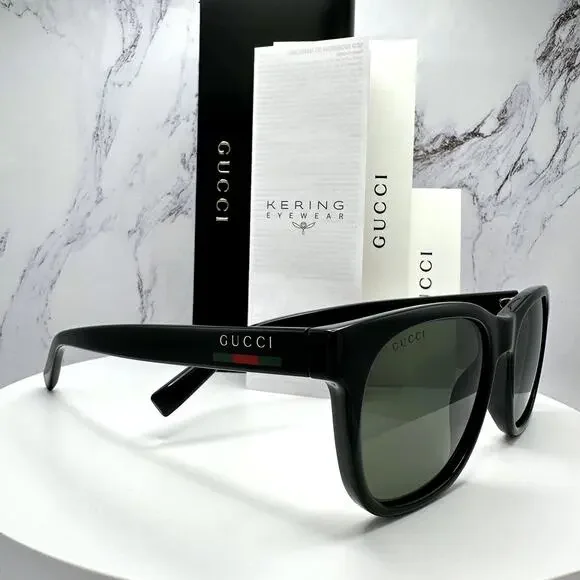 New GUCCI Sunglasses Black 54mm Square Gold Letter Logo Red Green Web Mens