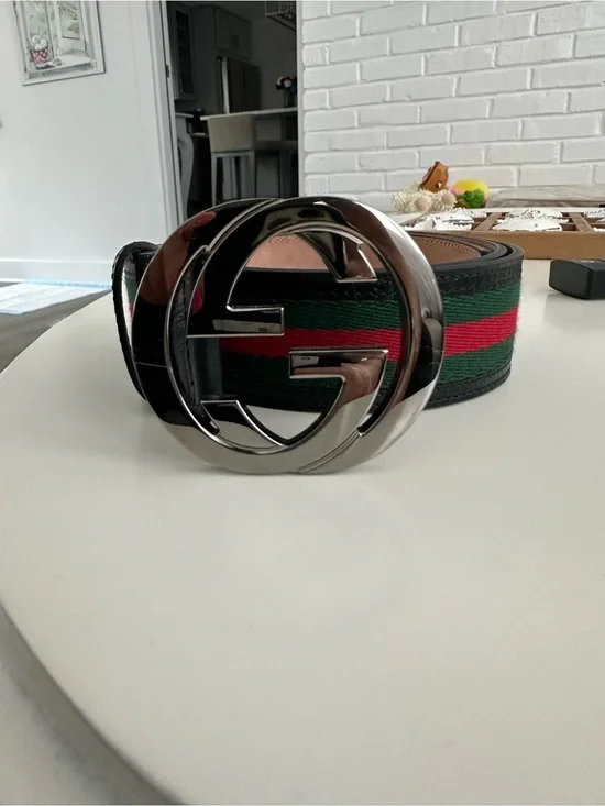 Gucci Green and Red Web Stripe Belt with Silver Double G Buckle