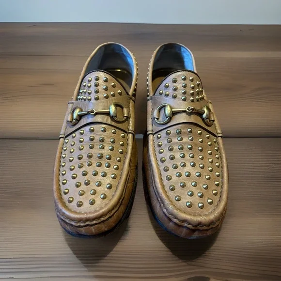 Gucci 1953 Shoes Horsebit Studded Dress Loafers Brown Mens Sz US‎ 9
